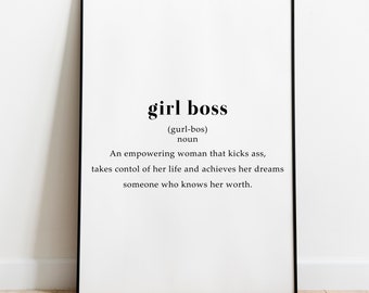 Girl Boss Definition Printable, Feminist Wall Art Digital Download, Black and White Typography, Feminist Quote, Gift for Boss Lady