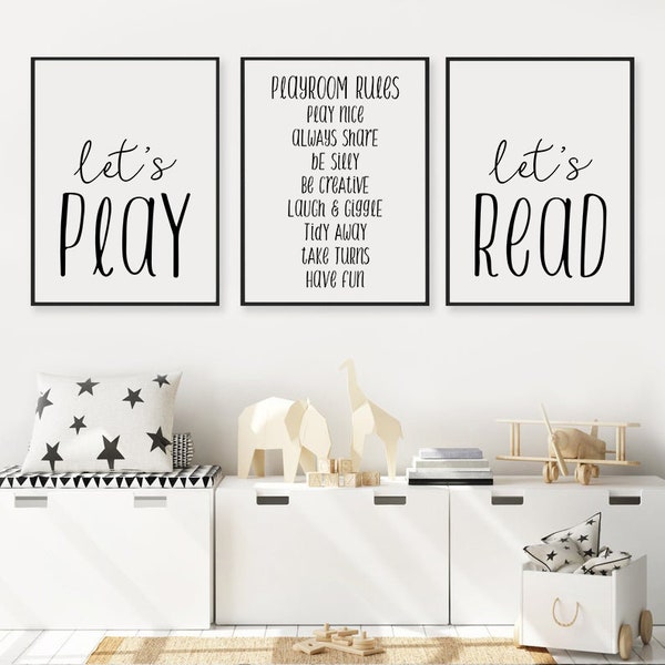 Set of  Playroom Posters, Let's Play, Playroom Rules, Let's Read, Kids Playroom Rules Printable Art, Shared Room Decor, Children Wall Art