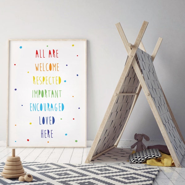 All Are Welcome Here, Children's Wall Art,Inclusion Printable Poster, Classroom Poster,Nursery Decor, Playroom Decor, Rainbow Colors