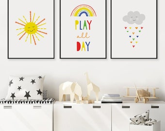 Set of 3 Kids Wall Art, Sun, Play All Day, Cloud, Rainbow Wall Art, Childrens Decor, Colourful Printable Postres