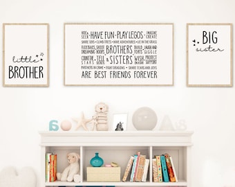 Little Brother Big Sister Wall Art,Kids Wall Decor,Siblings Art,Shared Room Posters,Set of 3 Printable Posters