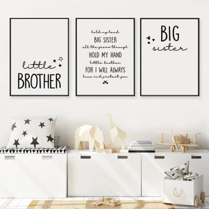 Set Of 3 Pintable Posters, Little Brother, Big Sister, Hold My Hand Big Sister, Shared Room Decor, Kids Room Art, Instant Download