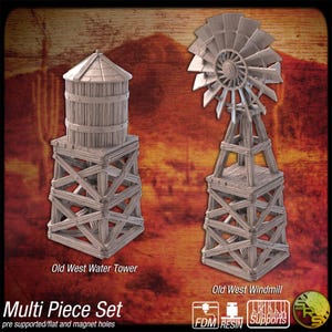 Western Terrain Set 4 | 32mm scale miniatures | Western Scatter Terrain | Water Tower | Windmill