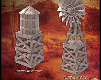 Western Terrain Set 4 | 32mm scale miniatures | Western Scatter Terrain | Water Tower | Windmill