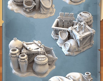 Supplies/Warehouse Terrain/Barrels/Boxes/Vases/Pots - Tabletop Terrain | Scatter Terrain | Dungeons and Dragons | Pathfinder | RPG Terrain