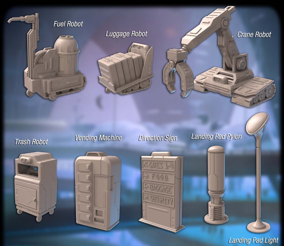Spaceport Set Robot Droid Generator Crane Loader Mech scifi Terrain