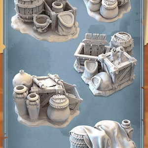 Supplies/Warehouse Terrain/Barrels/Boxes/Vases/Pots - Tabletop Terrain | Scatter Terrain | Dungeons and Dragons | Pathfinder | RPG Terrain