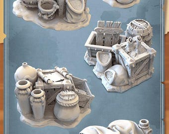 Supplies/Warehouse Terrain/Barrels/Boxes/Vases/Pots - Tabletop Terrain | Scatter Terrain | Dungeons and Dragons | Pathfinder | RPG Terrain