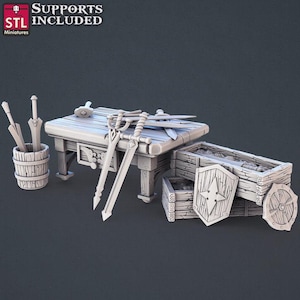 Weaponsmith Terrain Set: 32mm Resin Terrain for DnD/Pathfinder | Forge | Anvil | Weapons Table