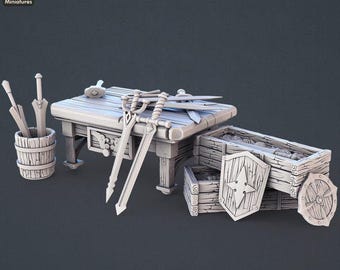 Weaponsmith Terrain Set: 32mm Resin Terrain for DnD/Pathfinder | Forge | Anvil | Weapons Table
