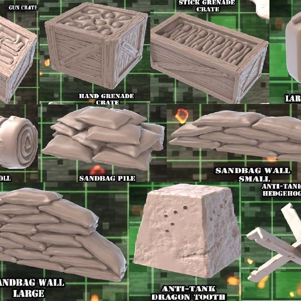 Warzone Terrain Set 3 | Battlefield Scatter Terrain | World War 2 Terrain | Bolt Action Scatter Terrain | Gun Crates | Sandbags | Anti-Tank