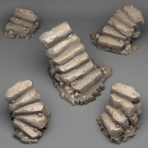 May include: Five miniature stone staircases in varying sizes and arrangements. The steps are a light gray color with a rough, textured surface, suggesting a weathered appearance. The staircases are set against a neutral gray background.