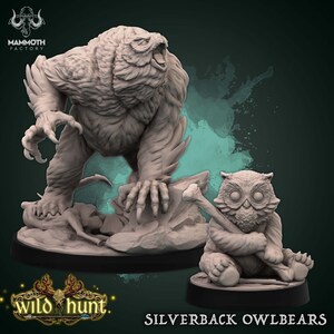 May include: Two painted figurines of owlbears, one large and one small. The larger owlbear is standing on a rocky base and has its claws outstretched. The smaller owlbear is sitting on a round base and holding a stick. Both owlbears have large, round eyes and feathery wings.