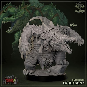 May include: A gray, detailed miniature of a crocodile-like creature with a bone-like armor and a large, open mouth. The miniature is standing on a round base and is 85 mm tall. The miniature is part of the Warlords and Marauders line of miniatures.