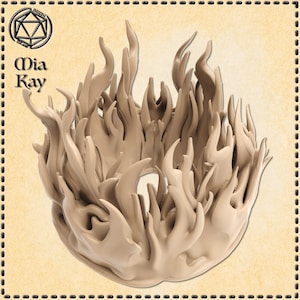 May include: A 3D printed ring of flames, made of a light brown plastic. The flames are arranged in a circle, creating a ring shape. The ring is about 3 inches in diameter.