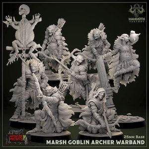 May include: A set of seven unpainted miniature figures of marsh goblin archers, each holding a bow and arrow. The figures are posed in various combat stances and are ready to be painted. The miniatures are part of a warband and are designed for tabletop gaming.