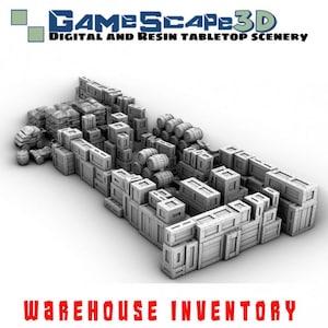 May include: A collection of gray resin crates and barrels, arranged in a warehouse setting. The crates are stacked and arranged in a variety of configurations. The barrels are stacked in a pile. The image is titled "Warehouse Inventory".