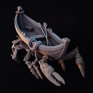 May include: A gray, wooden rowboat with oars sits atop a large, gray, crab-like creature with multiple legs. The boat has a rope tied around it and a small wooden box inside.