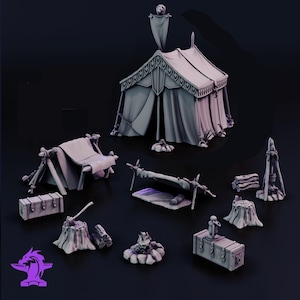 14 Piece Adventurer Campsite Dungeons and Dragons DnD D&D Miniature Resin 28mm miniature Pathfinder Frostgrave Terrain Fantasy tent campfire