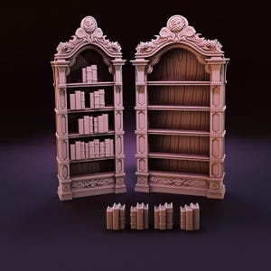 May include: Two ornate wooden bookcases with carved details and five shelves each. The bookcases are empty except for a few books on the bottom shelf of the left bookcase. There are also five stacks of books on the floor in front of the bookcases.