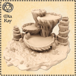 May include: A beige 3D printed miniature of a multi-level rock formation with a textured surface. The rock formation has three levels, each with a flat top. The base of the rock formation is surrounded by smaller rock formations.