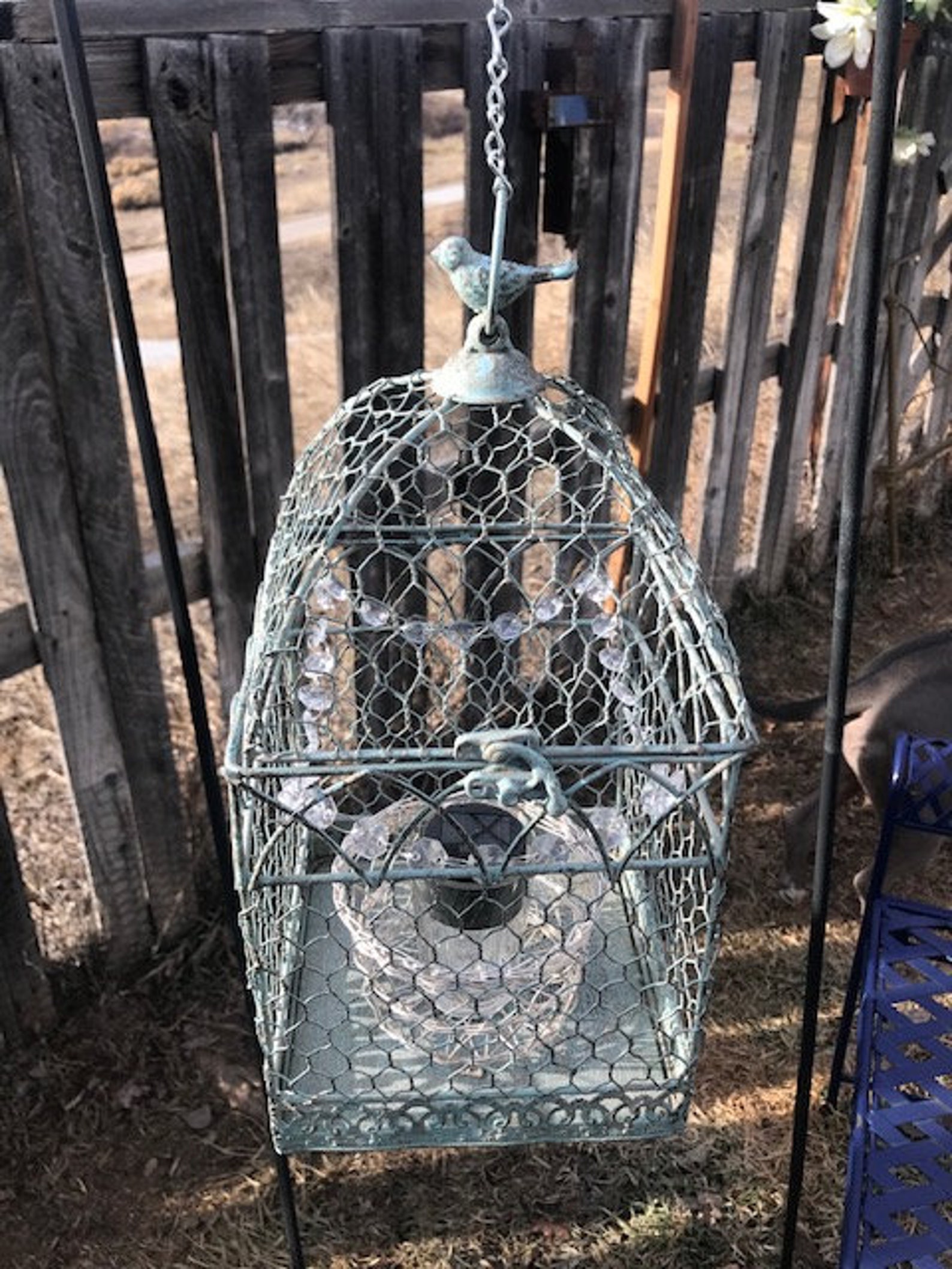 Hanging solar Chicken wire bird cage with crystals Etsy