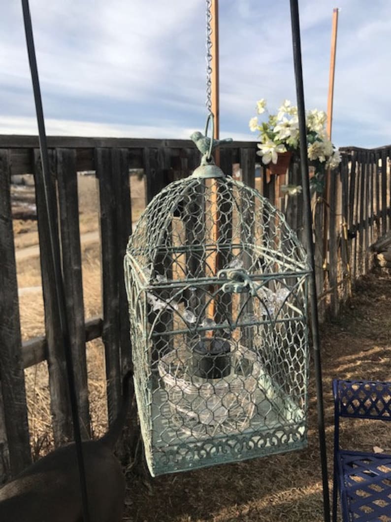 Hanging solar Chicken wire bird cage with crystals Etsy