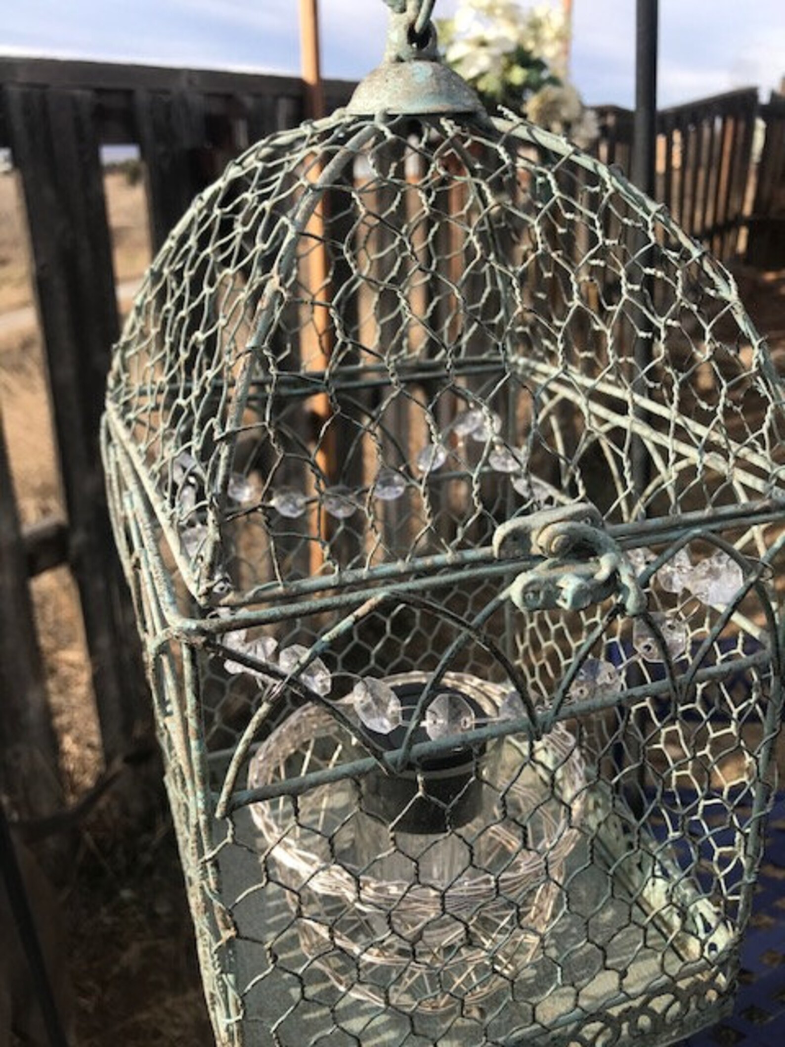 Hanging solar Chicken wire bird cage with crystals Etsy