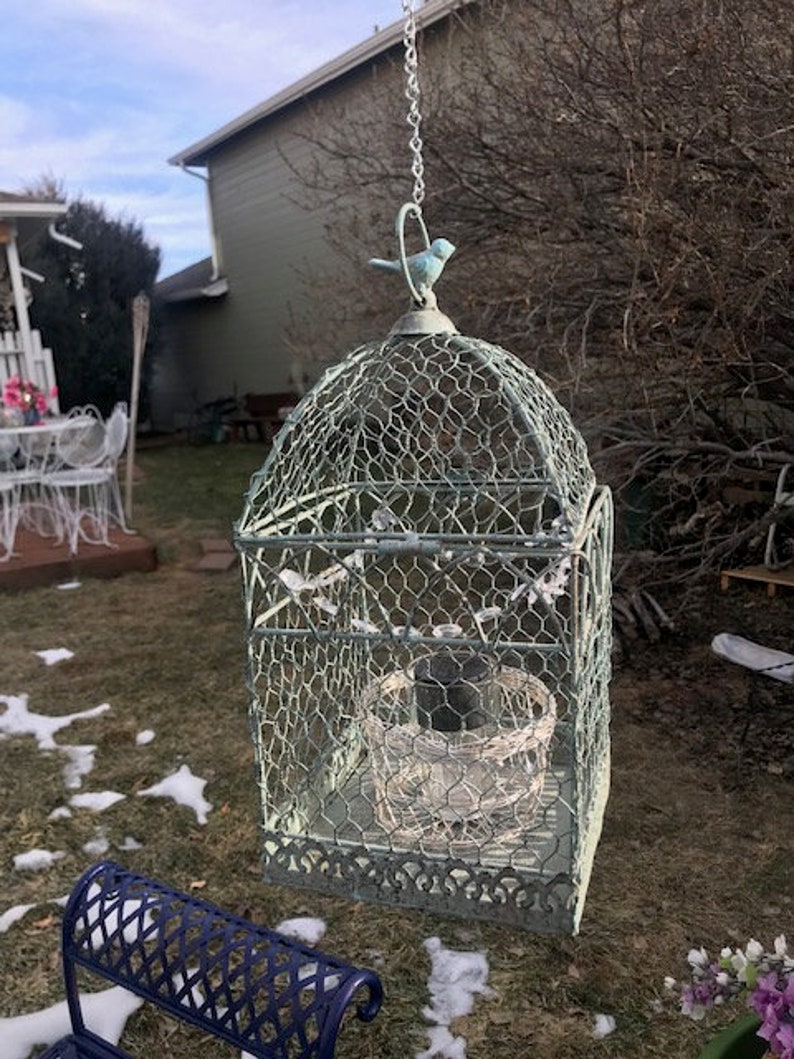 Hanging solar Chicken wire bird cage with crystals Etsy