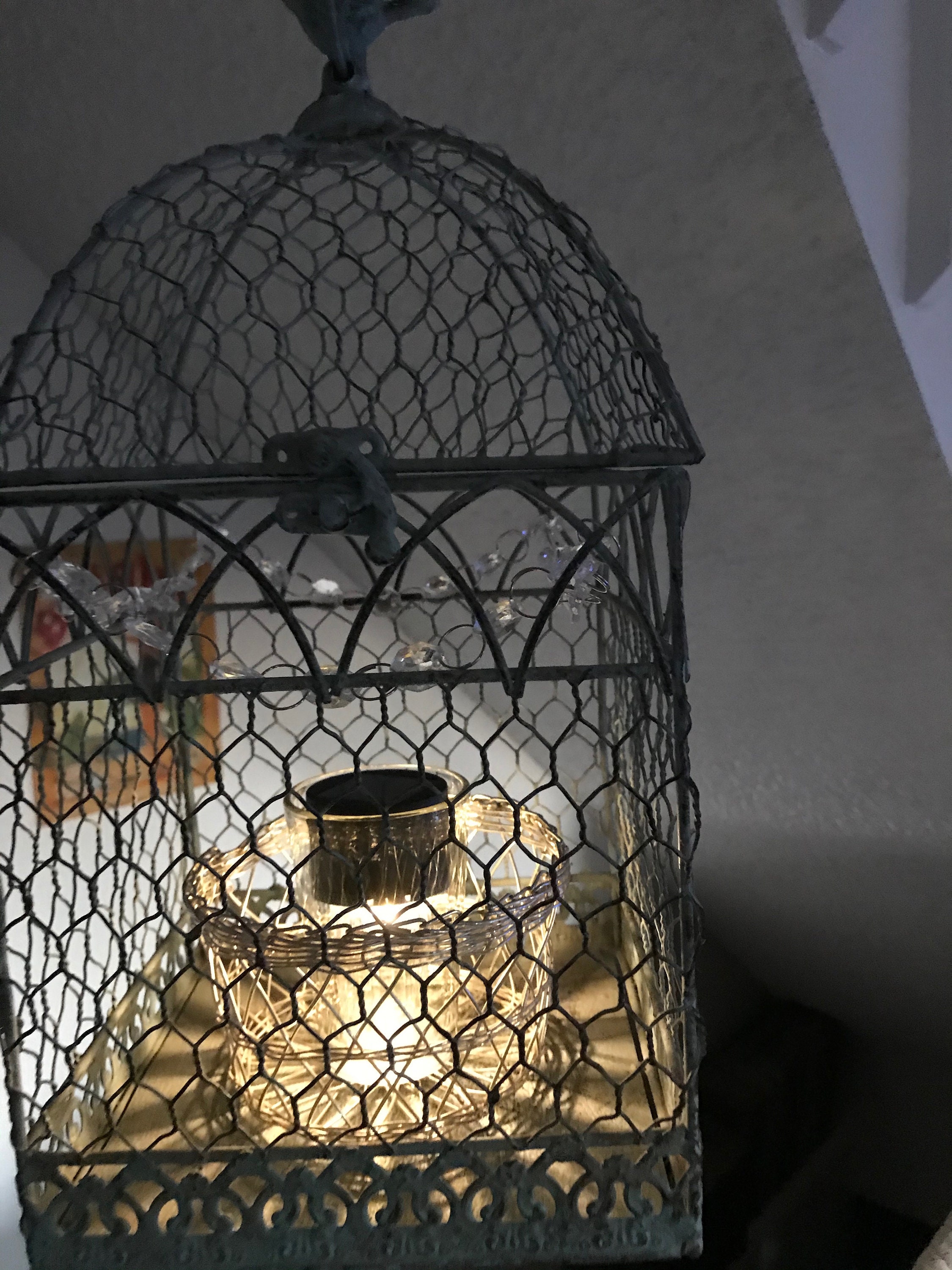 Hanging solar Chicken wire bird cage with crystals Etsy