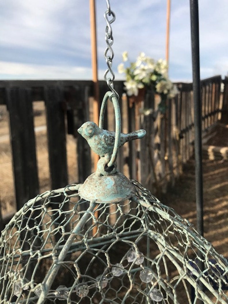 Hanging solar Chicken wire bird cage with crystals Etsy