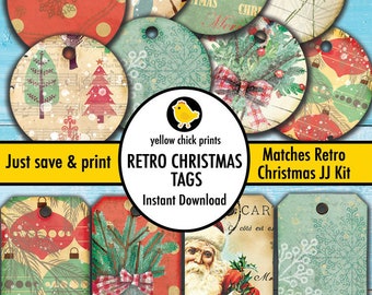 Christmas Tags, Gift Tags, Instant Download, Circle Tags, Retro, Junk Journal, scrapbook