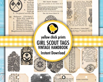 May include: Vintage Girl Scout handbook pages with tags featuring illustrations of a compass, a flower, a hand, a bugle, a pair of scissors, and a girl scout in uniform. The text on the pages includes the Girl Scout Promise, the Girl Scout Motto, and information about badges and awards.