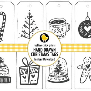 Etiquetas de Natal desenhadas à mão, etiquetas de presente de Natal em preto e branco, etiquetas de presente imprimíveis, etiquetas de presente de feriado impressas em preto e branco