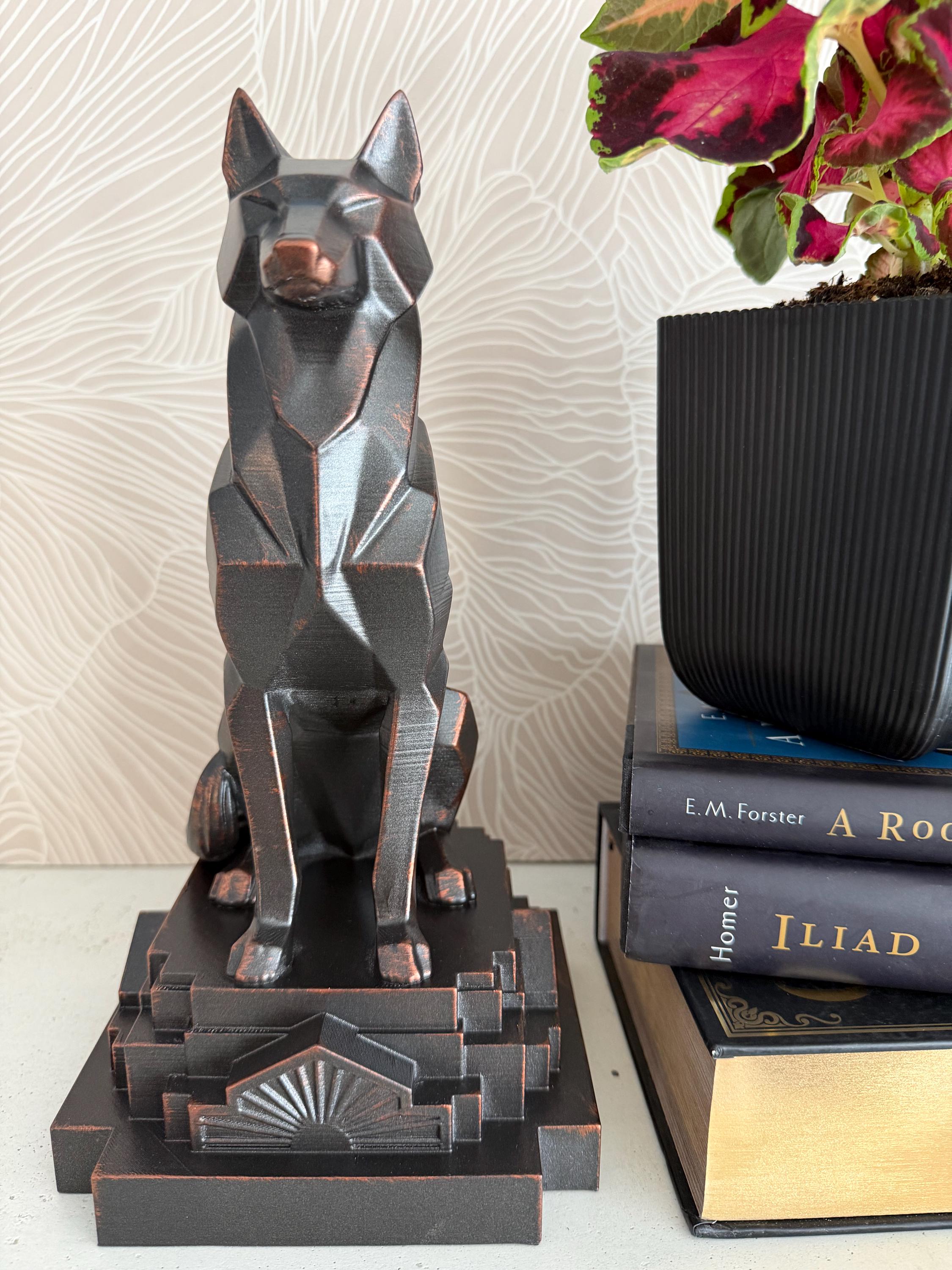 Art Deco Wolf Sculpture | Hand-painted Bronze Statue, Geometric
