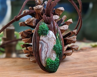 Forest Themed Mossy-Woody Pendant with Crazy Lace Agate, Necklace Charm with Beige Gemstone, Unisex Gift with Vegan or Leather Cord