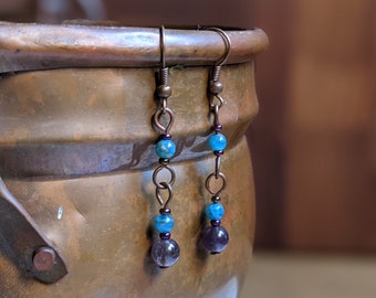 Antique copper dangle earrings with blue apatite, amethyst and glass beads