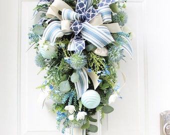 Beach Wreath for Front Door, Blue and White Coastal Wreath, Marine Teardrop Swag, Elegant Nautical Decor