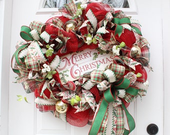 Traditional Christmas Wreath for Front Door, Red and Green Holiday Decor, Mantle Decorations