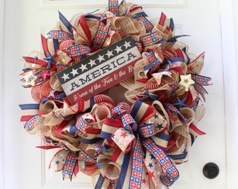 Patriotic Rustic Wreath for Front Door, 4th of July Wreath, Fourth of July Barbecue Flag Decor