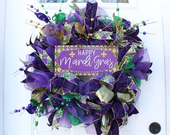 Mardi Gras Wreath for Front Door, Fat Tuesday Decor, Fleur de Lis Decor, Happy Mardi Gras