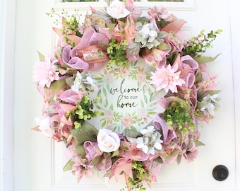 Spring Floral Wreath for Front Door, Spring Floral Wreath, Welcome Wreath, Pink Floral Wreath, Mother’s Day Gift
