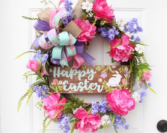 Happy Easter Welcome Wreath for Front Door, Spring Floral Wreath, Rustic Spring Decor, Purple Floral Wreath
