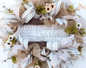 Home Sweet Home Wreath, Neutral Farmhouse Welcome Wreath, Everyday Decor