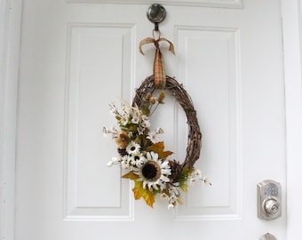 Fall Sunflower Hanging Wreath for Front Door, Autumn Wreath, Harvest Decor, Thanksgiving Decor, Fall Foliage, Rustic Fall Wreath