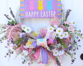 Floral Easter Wreath, Happy Easter Welcome Wreath for Front Door, Spring Decor