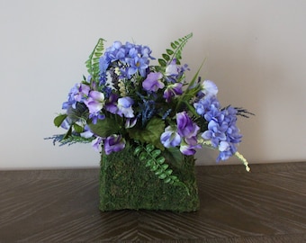 Moss Handbag Floral Arrangement for Table, Spring Summer Purple Hydrangea Floral Decor