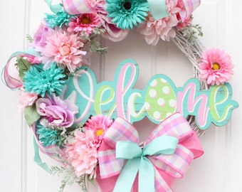Floral Easter Wreath for Front Door, Pastel Floral Grapevine Wreath, Easter Egg Decor