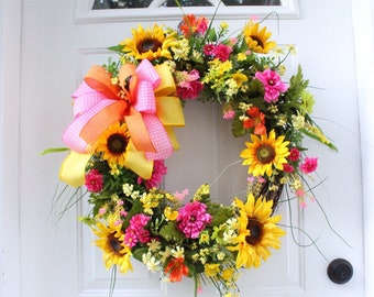 Yellow and Pink Sunflower Wreath for Front Door, Spring Summer Flower Wreath, Pink Summer Wreath,  Summertime Wreath