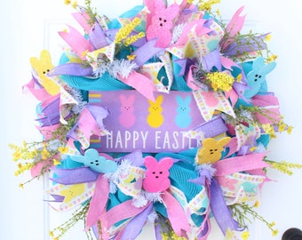 Easter Bunny Welcome Wreath for Front Door, Purple Happy Easter Decor